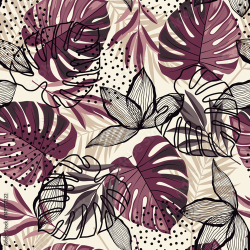 Abstarct pattern with tropical leaves and abstract strokes. Ideal for wallpaper, surface textures, textiles.