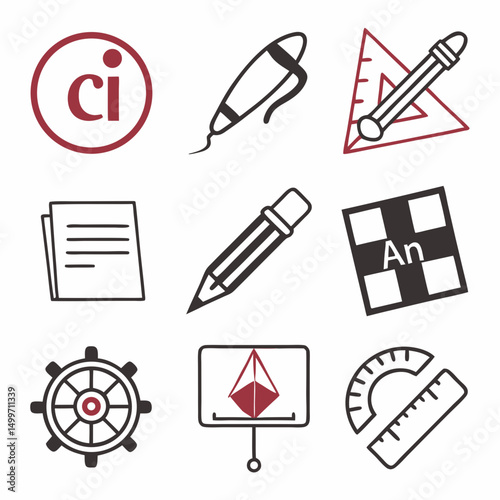 Collection of hand drawn design and drafting tools icons