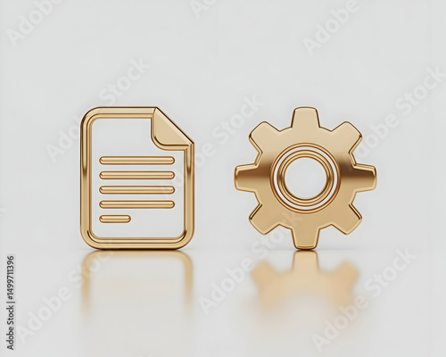 Gold Document Icon and Gear Setting Symbol on White Background