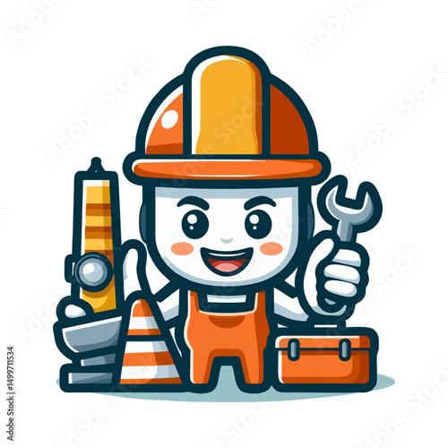 Flat Vector Design of Builder Character Wearing Safety Gear and Holding Toolbox for Construction Worker Manual Labor Repair Logo Identity Illustration Branding Company Asset