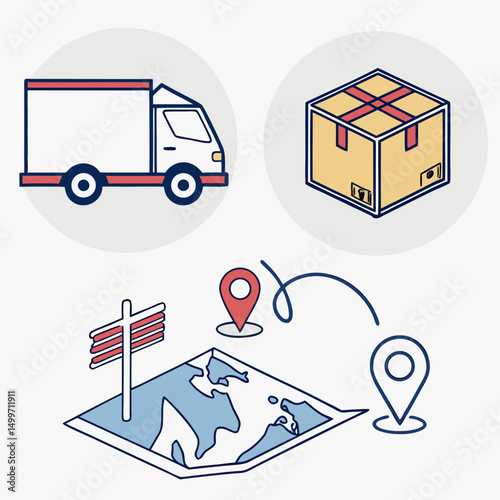 Global delivery service package tracking map truck box