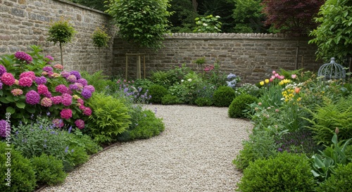 Serene Gravel Path Garden Design with Stone Walls and Vibrant Blooms