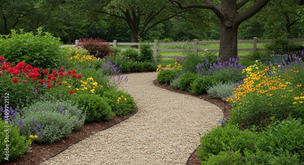 Fototapeta premium Serene Garden Path Landscaping Design with Colorful Flowers and Gravel Walkway