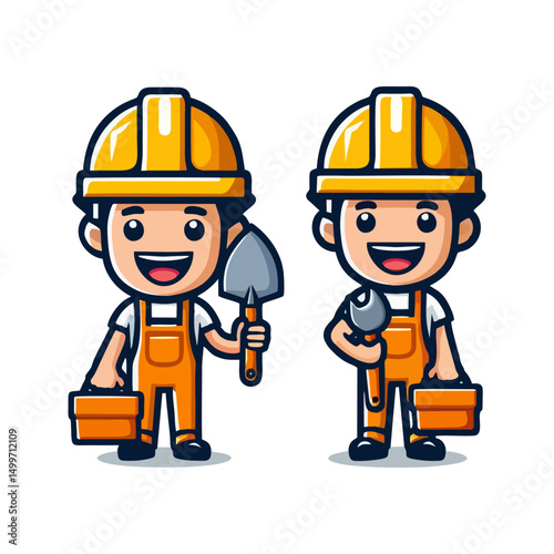 Cartoon Builder Mascot Character in Uniform Holding Tools for Construction Worker Manual Labor Repair Jobsite Project Identity Logo Design Branding Illustration Vector Style