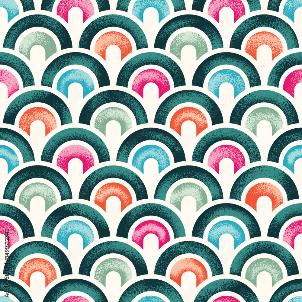 Seamless Retro Arch Pattern. Grainy Texture geometric wave. Colorful Creative Arcs circle. Mid Century Minimal repeated Sea background. Seamless Retro Arch Pattern. Grainy Texture geometric wave. Colorful Creative Arcs circle. Mid Century Minimal repeated Sea background.