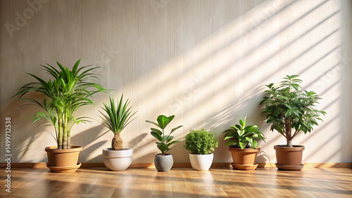 Indoor home scene with plants in pots. Sunlight casts shadows on light wooden surface, wall. Minimalist design with clean lines, empty space. Ideal for zoom background home decor inspiration. Fresh