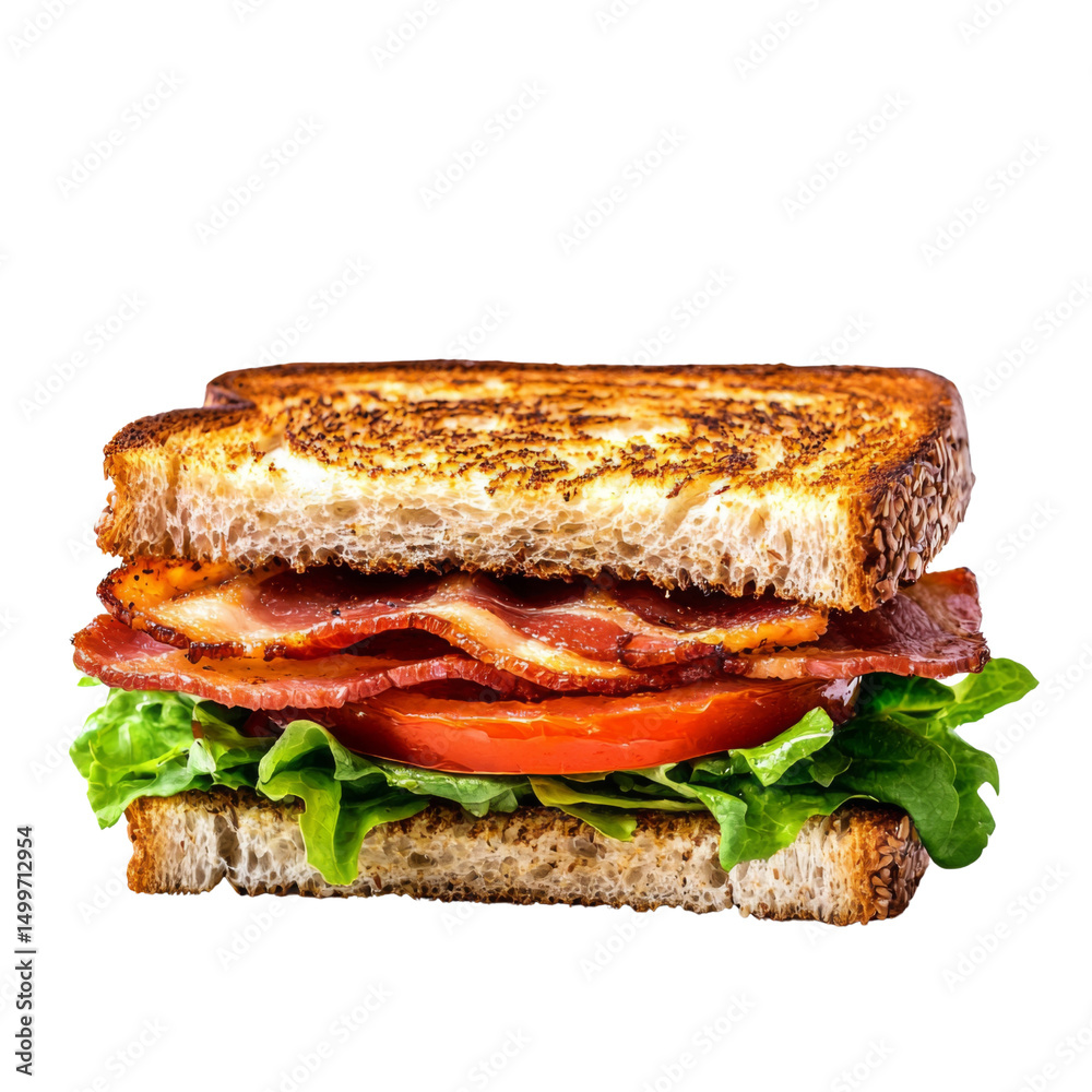 Delicious sandwich with crispy bacon, fresh lettuce, and ripe tomato, all nestled between two slices of toasted bread, perfect for satisfying meal Delicious sandwich with crispy bacon, fresh lettuce, and ripe tomato, all nestled between two slices of toasted bread, perfect for satisfying meal