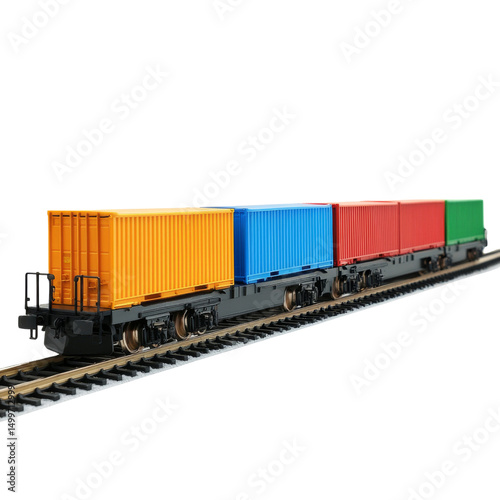 Colorful freight train with containers on tracks, showcasing vibrant colors and industrial design. train represents transportation and logistics in modern setting