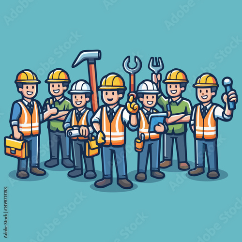 Detailed Construction Worker Mascot in Cartoon Style Wearing Safety Gear Holding Tools for Builder Repair Manual Labor Project Jobsite Identity Logo Vector Illustration Branding