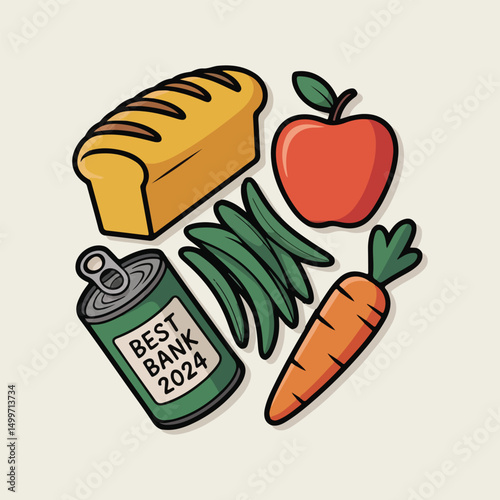 Creative food bank network growth design with charity box, heart-shaped food symbols, and icons representing food donations and hunger relief for National Food Bank Day.