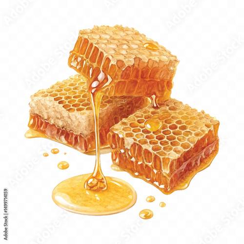 realistic glossy honeycomb, honey cell slices  dripping with fresh liquid honey isolated on transparent background.