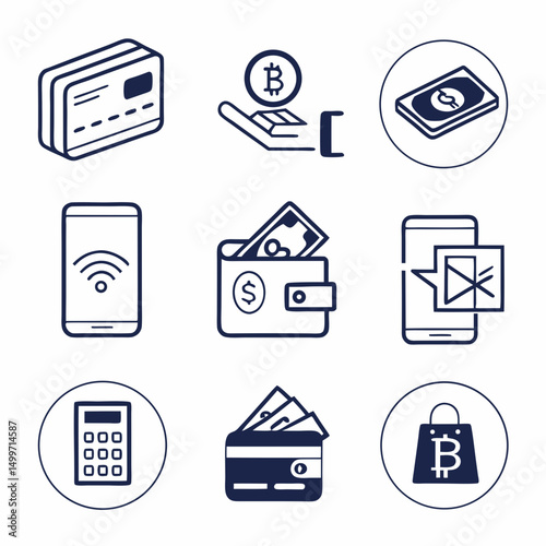 Digital payment methods icons bitcoin credit card mobile wallet online shopping