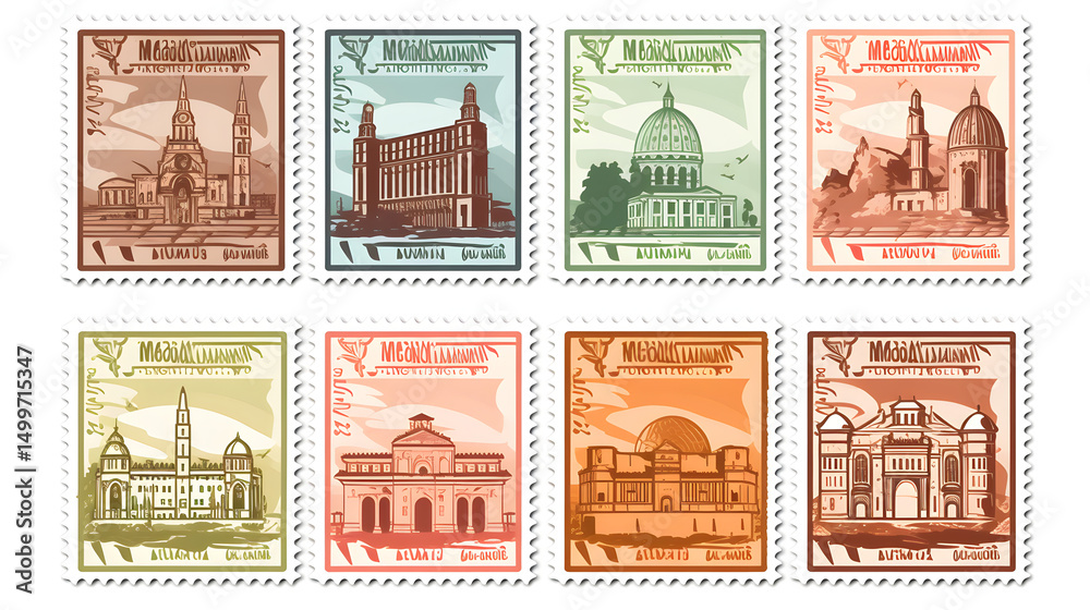 Fototapeta premium Italian Cities Map Postal Stamps Cartoon Vector Illustration for Design Projects