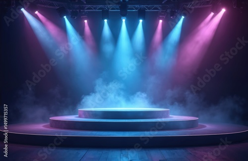 Empty modern stage with blue purple neon spotlight. Stage light background with spotlight illuminated. Modern dance production stage. AI generated image. Perfect for music shows parties. photo