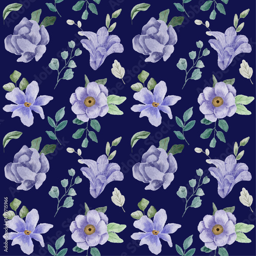 purple floral watercolor seamless pattern