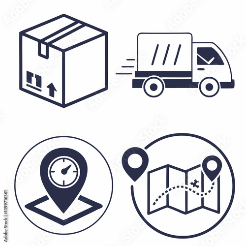 Delivery service icons package truck map location time