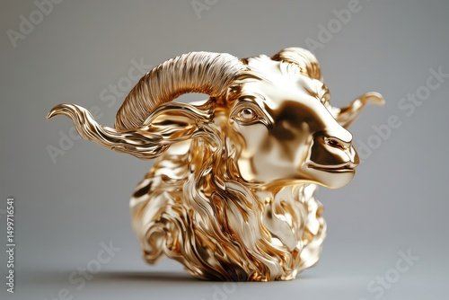 An 18k gold brooch, liquid flows to form a majestic sheep's head, liquid dynamics and layered sculptures, overall gold, silk-like brushed metal surface, abstract art style, gray gradient background