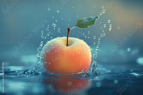 a glowing frosty apple is sinking under the bleak unfathomable seawater, with a beautiful tracing of bubbles going upward, illustrating the delicate beauty of movement 