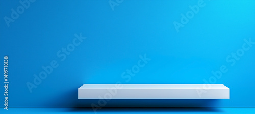 Empty white shelf blue wall background minimal backdrop simple