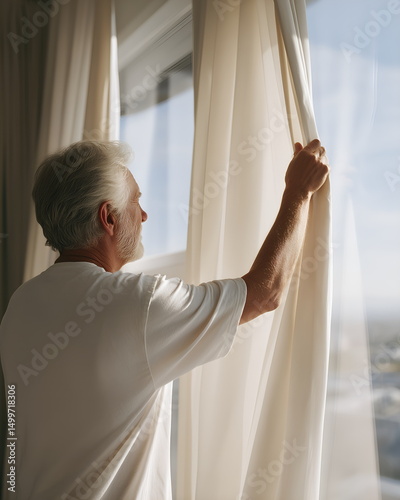 Elderly man closing blackout curtains in sunny room to keep cool during heatwave