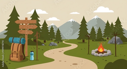 Mountain trail leads to a cozy campsite