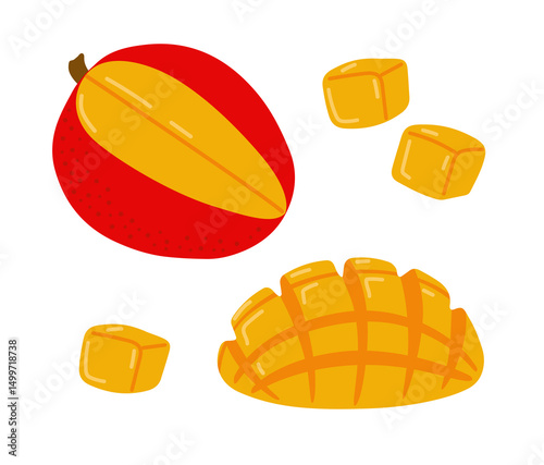 Mango fresh tropical exotic fruit. Sliced, cut, peeled fruit. Vector hand-drawn illustration, isolated on white background.