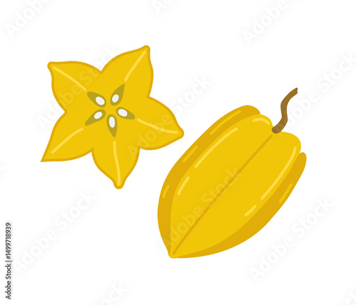 Carambola starfruit five-corner tropical exotic fruit. Whole, half, slice and piece. Vector hand-drawn illustration, isolated on white background.