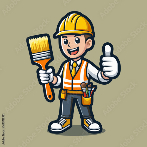 Friendly Construction Worker Mascot Character in Bright Uniform Holding  Paintbrush
 and Wearing Hardhat for Builder Contractor Manual Labor Job Repair Illustration Vector Logo Identity