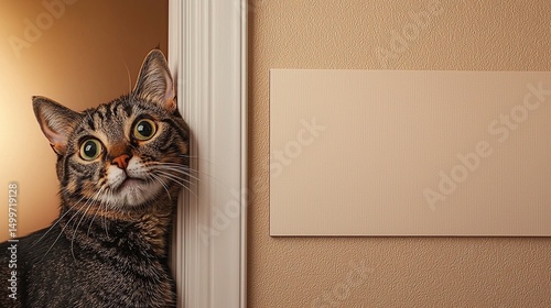 Curious cat peeking door with copy space.