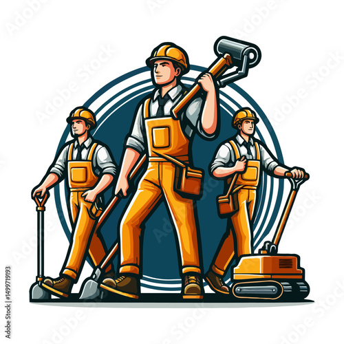 Flat Vector Builder Mascot Character in Cartoon Style with Protective Gear and Toolbox for Construction Worker Manual Job Repair Site Branding Contractor Logo Design Visual Graphic Identity