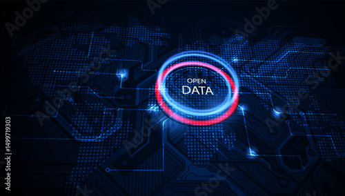 futuristic digital background featuring a glowing Open Data circle over a world map with circuit patterns and data nodes, symbolizing global data connectivity.vector eps10