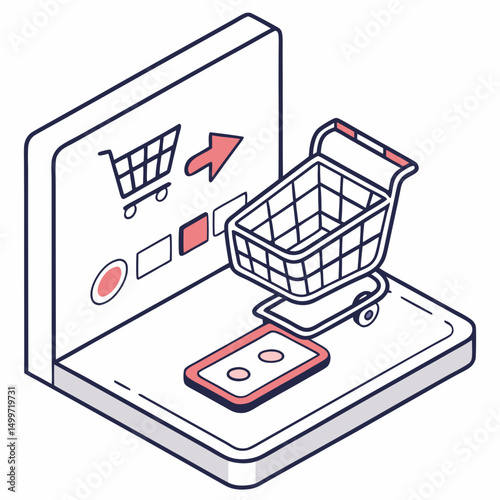 Online shopping cart isometric illustration e commerce concept
