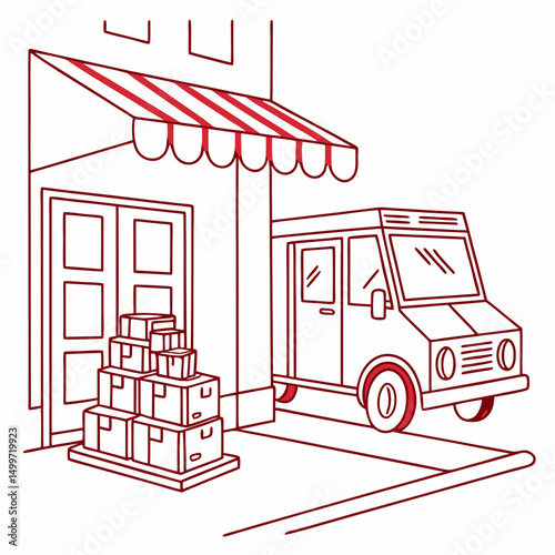 Delivery truck loading boxes at store front red line art
