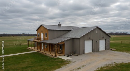 Rural barndominium home with large yard
