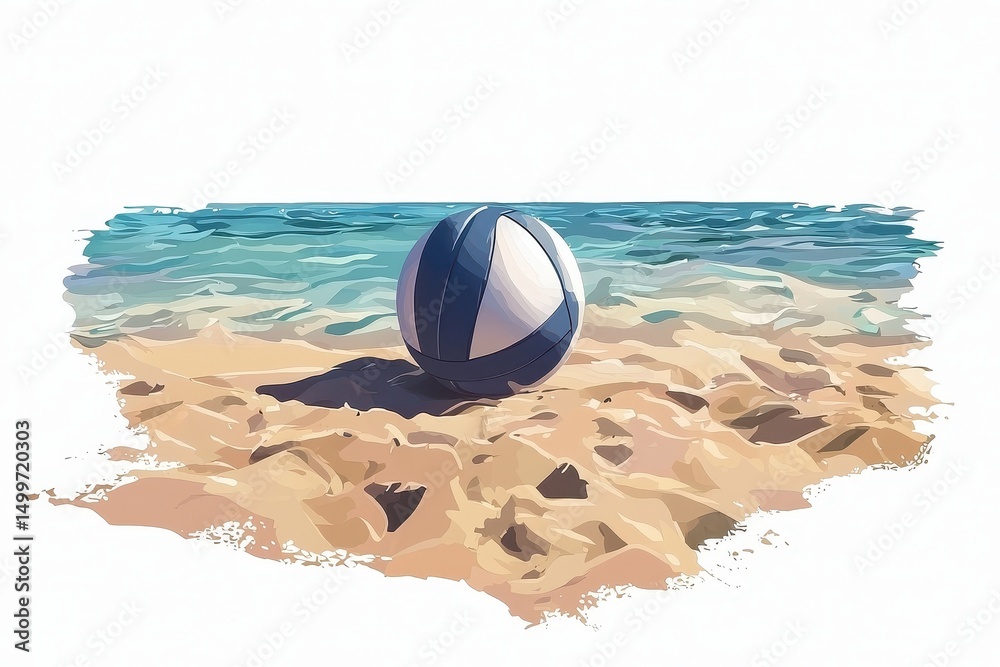 Obraz premium A beach ball rests on sandy shore beside calm blue sea under a clear sky.