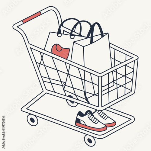 Shopping cart filled with paper bags and sneakers