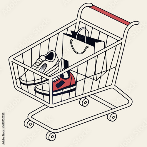 Shopping cart with sneakers and shopping bags online retail