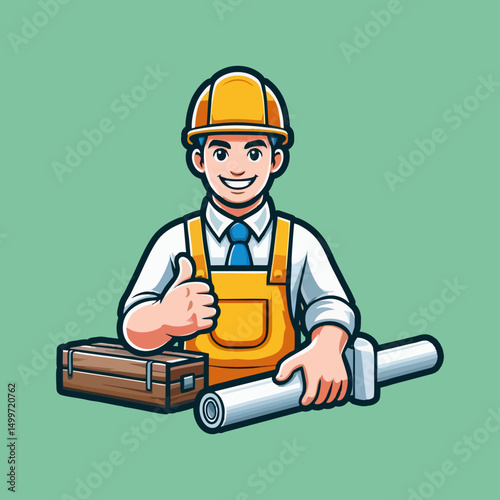 Hardworking Construction Worker Mascot Design in Cartoon Style Holding Toolbox and Wearing Helmet for Builder Logo Manual Labor Job Repair Contractor Industry Graphic Illustration Asset