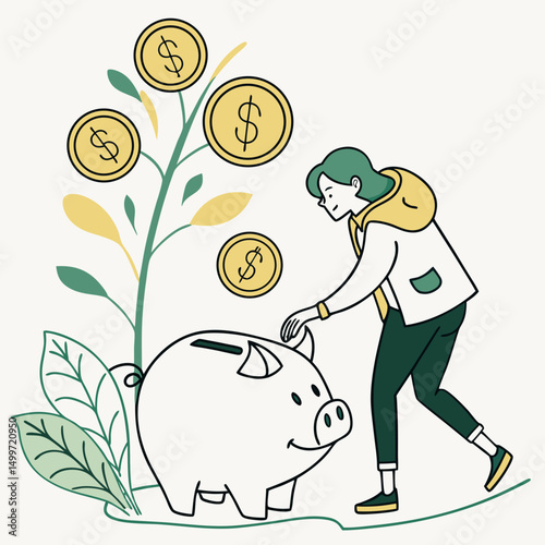 Person putting coins into piggy bank growing money plant