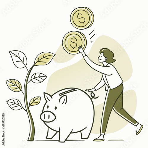Woman putting coins into piggy bank growing money plant