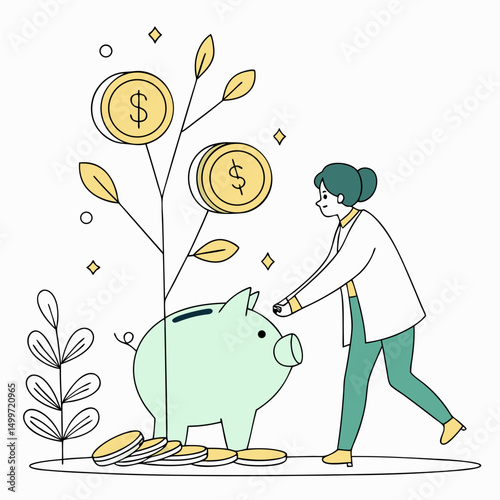 Woman putting coin into piggy bank growing money tree