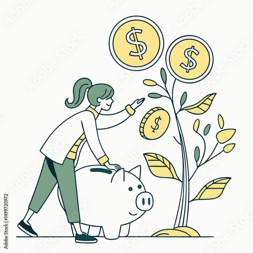 Woman putting coins into piggy bank growing money plant