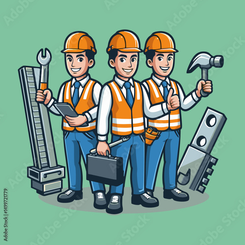 Smiling Construction Worker Mascot Character in Cartoon Style Holding Hammer Wearing Helmet and Vest for Builder Brand Site Repair Project Manual Labor Vector Illustration for Logo Design