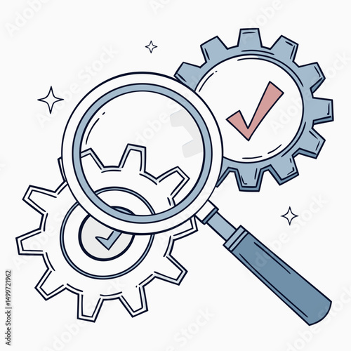 Magnifying glass inspecting cogs gears mechanism checkmark approved