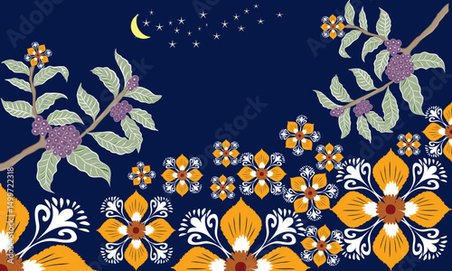 Night floral rug design with moonlit botanical branches, orange flowers, and stars, ideal for boho decor, artistic interiors