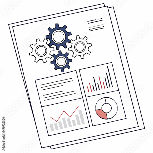 Business report document with graphs charts and gears