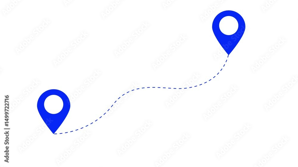 Two location pins connected by a dashed line animated on background.two location map animation.