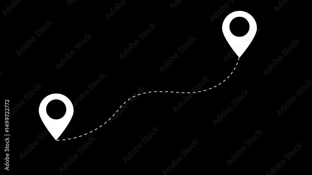 GPS location signal point and location tracking mark, location pointer icon animated.Two location pins connected by a dashed line animated on white background.