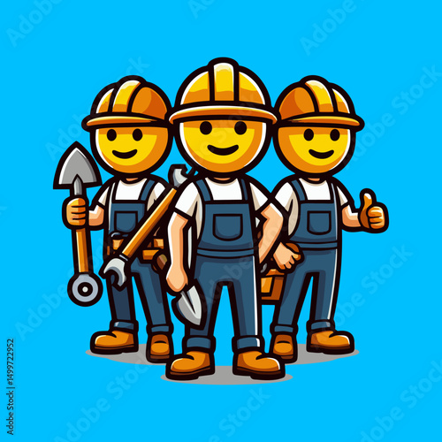 Cute Builder Mascot Character in Cartoon Style with Safety Gear Toolbox and Vest Standing for Logo Icon Branding Manual Labor Job Vector Flat Illustration
