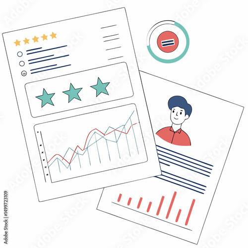 Business performance review documents showing graphs charts and stars